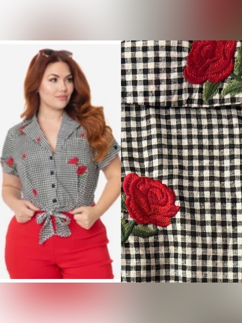 NWOT Unique Vintage Black Gingham & Roses Shirley Crop Top Sz 2X